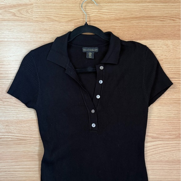 House of Harlow 1960 Ribbed Knit Midi Dress Short Sleeve Collared Black Slit, M - Picture 3 of 5